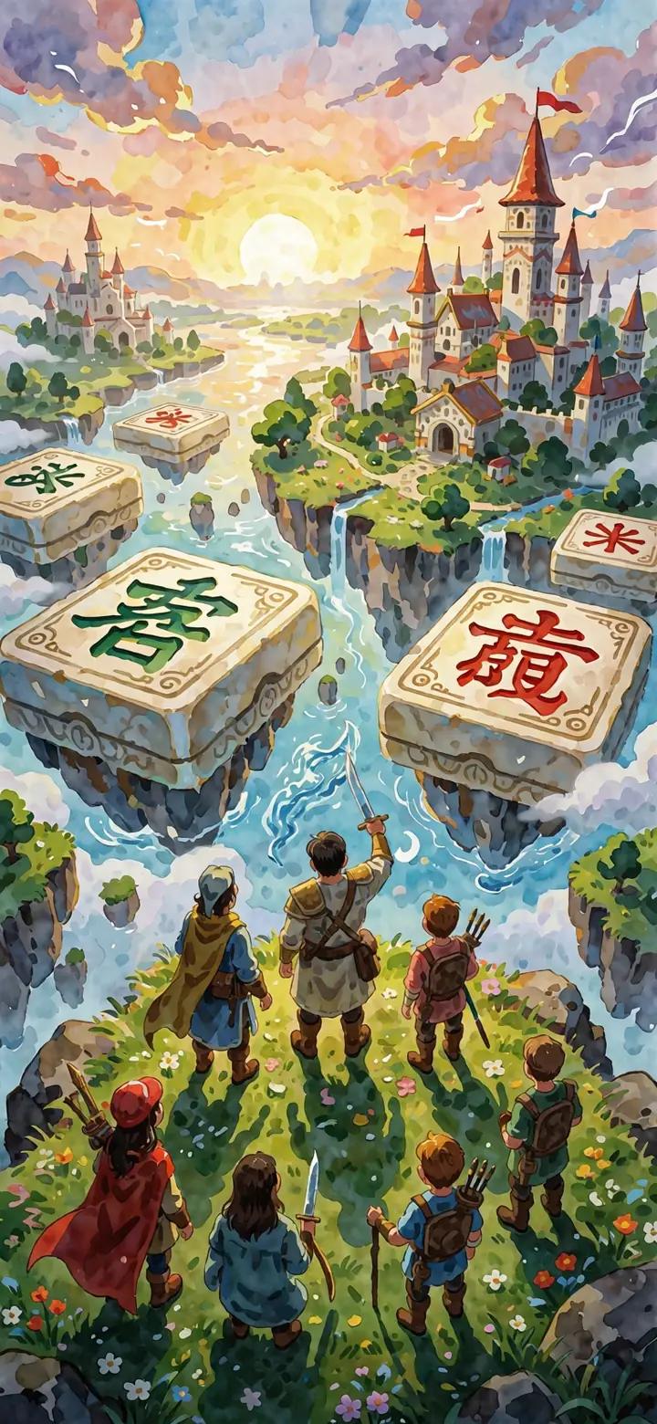 Adventurers looking out over floating mahjong tiles and a fairy-tale castle